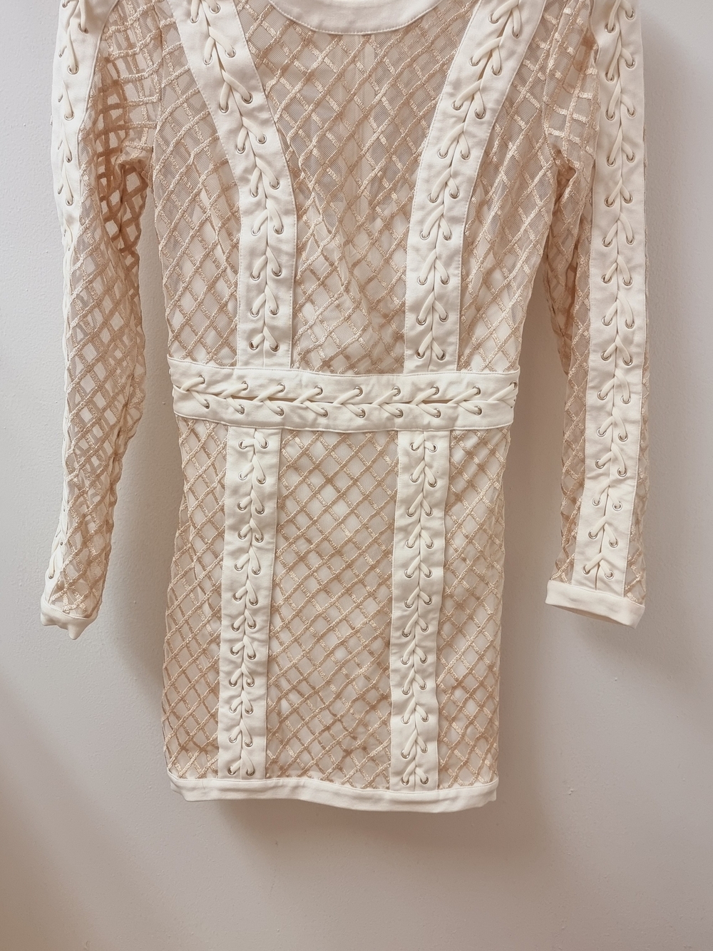 BEBE Long Sleeve Cream Lace Panel Bodycon Dress